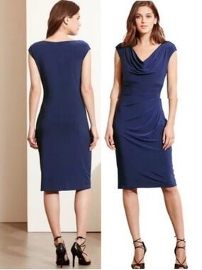 EUC Ralph Lauren Cowl Neck Jersey Sheath Dress Size 12 Midi Blue Cocktail Office